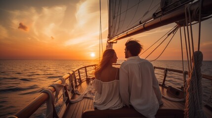 Romantic couple watching breathtaking sunset from luxury yacht deck - Generated by Generative AI