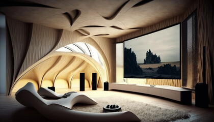 Ultramodern home theatre cinema room with projector screen in the middle, architecture photography. Generative AI - obrazy, fototapety, plakaty