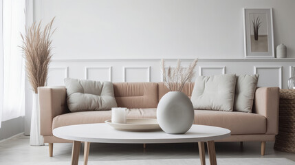 View of a contemporary Scandinavian-style apartment featuring a sofa and a fashionable vase, Home staging and minimalism concept. - Generative AI