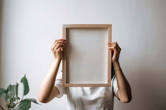 Female hands hold a photo frame that is empty save for a fake copy area. minimalistic art idea. Generative AI