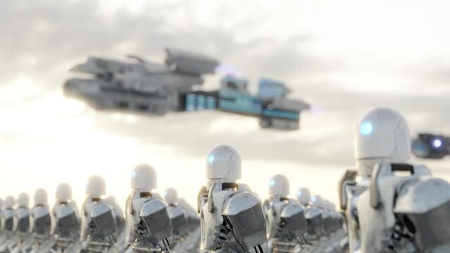 3d animation loop of army of cyborgs walking under sundown sky