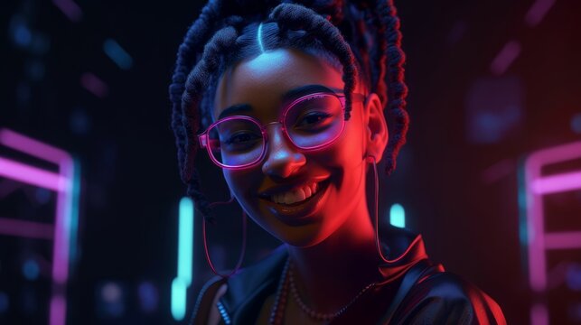 Smiling Black Woman with Black Hair in Neon Cyberpunk Setting. Generative AI.