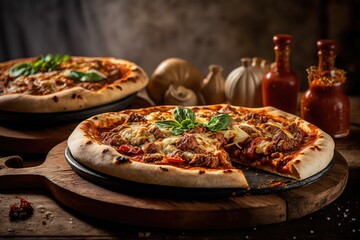 Italian food, delicious homemade pizza with mozzarella and cherry tomatoes ready to eat.