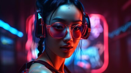 Smiling Asian Woman with Black Hair in Neon Cyberpunk Setting. Generative AI.