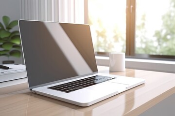 Fototapeta premium Mockup of a modern laptop with a blank screen in a bright room. Concept of business and technology. Generative AI