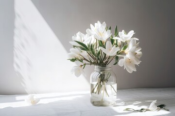 White flowers in a vase on a white background in a room. current interior decoration. Generative AI - obrazy, fototapety, plakaty
