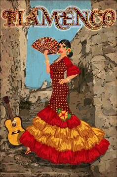 Young flamenco dancer spanish girl with fan, vector illustration