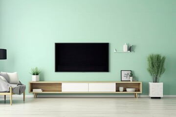 Japanese living room with mint blue wall and mock up television. Generative AI