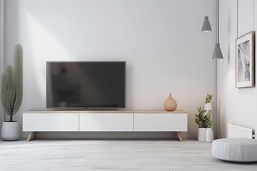 modern interior. Blank television display on a shelf next to a vase and some books, side view. window, a white wall and a grey floor, but no people. Generative AI