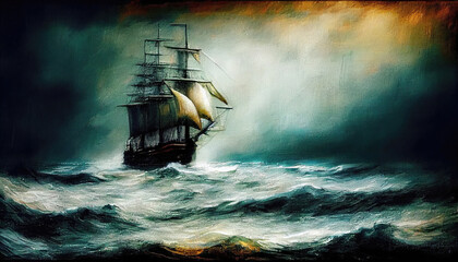Obraz premium An old ship sailing through waters, generative AI