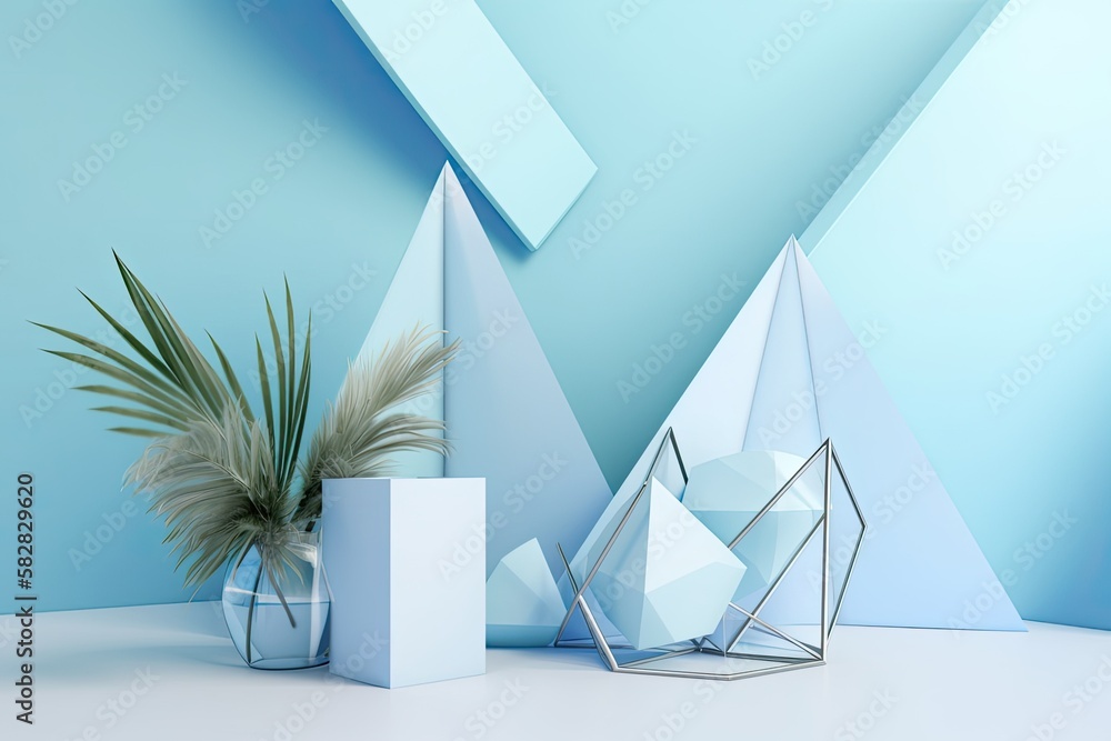 Wall mural Mockup geometric studio with a light blue background for product presentation. Generative AI