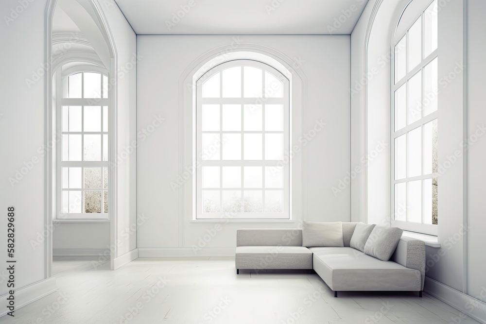 Poster windowed interior of a house. White couch in an empty room. design for an architectural notion. Generative AI