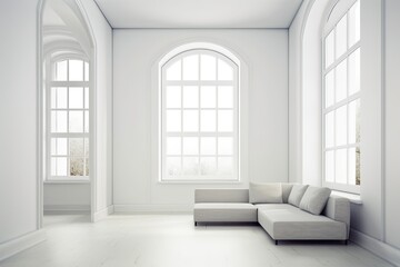 windowed interior of a house. White couch in an empty room. design for an architectural notion. Generative AI