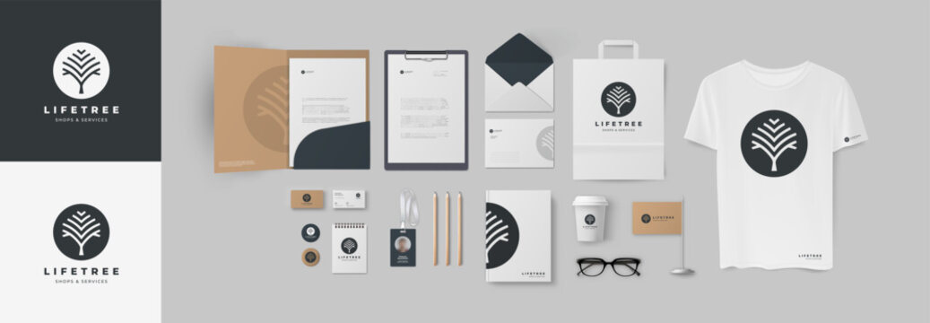 Black corporate identity style with tree logo and paperboard background. Premium craft stationery design with modern branding folder, business cards, bag and envelope, cup and notepad, t-shirt and pen