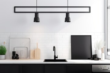 Kitchen flat mock up design concept with vertical frame. Black with white lines as the background. Generative AI - obrazy, fototapety, plakaty