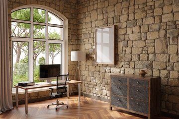 comfortable workplace with pc standing on wooden desk in office at home; bright sunlight shines through large window; wall; with canvas copy space;  remote work freelance concept; 3D Illustration