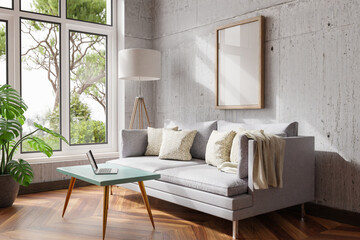 cozy living room interior in a room corner; sunlight shining trough window; floorlamp and couch table with modern laptop; canvas with copy space; home decoration concept; 3D Illustration