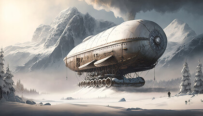 Steam-powered airship and mountains. mystical fantasy artwork. Generative AI