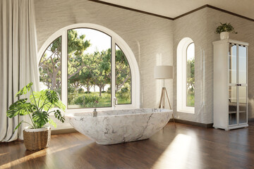 freestanding bath in lightflooded cozy country house bathroom; minimalistic interior design with shelf and canvas; relaxation and spa concept; 3D Illustration