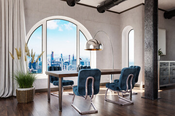 luxurious loft apartment with arched window and panoramic view over urban downtown; noble dining room interior design mock up; 3D Illustration