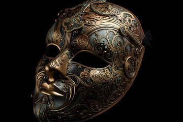 Fototapeta premium Beautiful Venetian mask engraved with golden ornaments on black background. Digitally generated AI image.