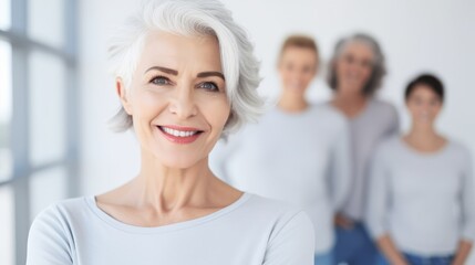 Naklejka premium Attractive businesswoman woman posing at her work place with coworkers in the background. Generative AI 