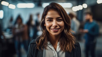 Obraz premium Attractive businesswoman woman posing at her work place with coworkers in the background. Generative AI 