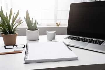 Close up of a creative designer's desktop with a notepad, a decorative plant, a blank white notepad, and blinds in the backdrop. a mockup. Generative AI