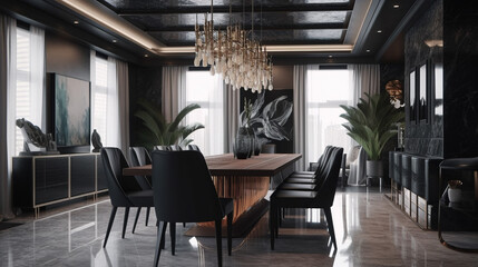 Fototapeta premium Modern Luxury Dining Room, Sophisticated Dark Design with Elegant Furniture, Generative AI