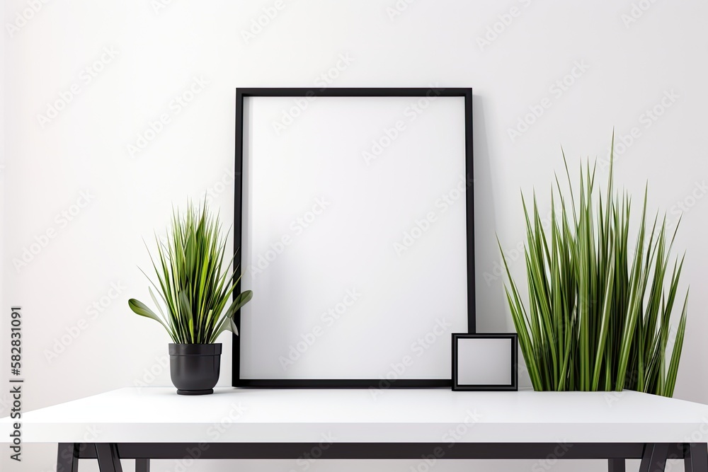 Poster a white gloss table with a modern black frame that is empty and has decorative grass in it. light gr