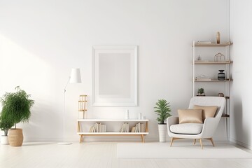 Front view of a light living room interior with a white wall, an empty white poster, a sofa, an armchair, a bookshelf, a wooden hardwood floor, and a white wall. minimalist design principle. a mockup