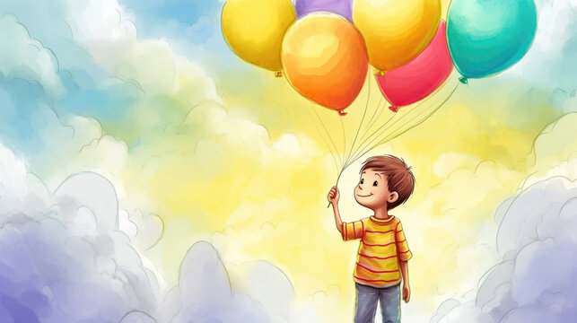 Happy child celebrating birthday party with balloons (Generative AI)