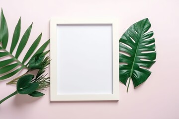 a white frame with a green leaf is empty. Generative AI