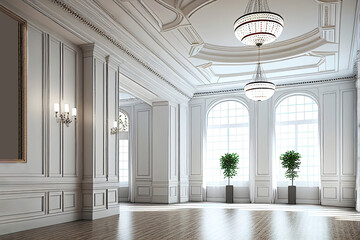 Bright classical ballroom as digital interior design illustration (Generative AI) - obrazy, fototapety, plakaty