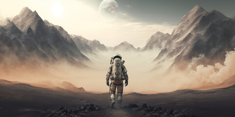 A spaceman walking through a misty distant planet. surreal mystical fantasy artwork. Generative AI