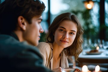 young couple having a romantic dinner looking at the camera. Generative AI 