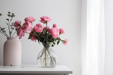 Pink flowers in a vase against a white background in a room. current interior decoration. Generative AI