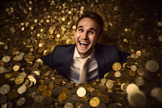 Happy smiling laughing rich businessman in a business suit lies on a pile of gold coins. Success business concept. Generative AI