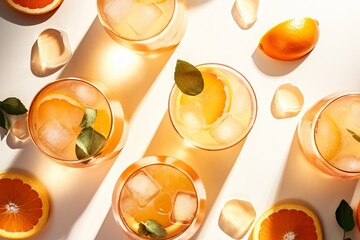 Top view of beautiful summer orange cocktails with fresh citrus fruit on white background. Illustration AI