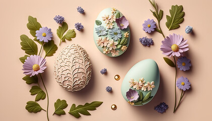 Easter eggs with spring flowers on pastel background. Generative AI