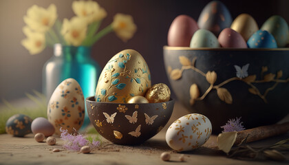 Obraz premium Easter holiday background. Easter eggs. Generative AI