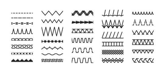 Seamless sewing stitches collection. Set of machine thread sew brushes. Overlock embroidery seams. Simple zigzag elements vector illustration. Line border isolated on white background.