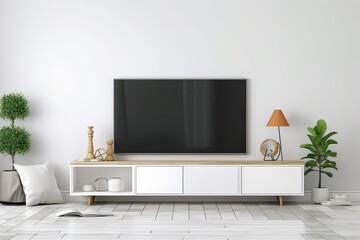 White wall, TV cabinet, and display. Generative AI