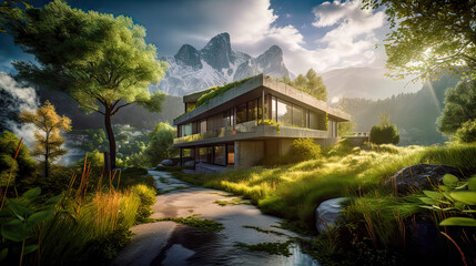 Obraz premium Ländliches Dorf Haus Landschaft in den Alpen in der Schweiz Österreich Bayern Ruhe und Beschaulichkeit Generative AI Digital Art Wandbild Hintergrund Cover