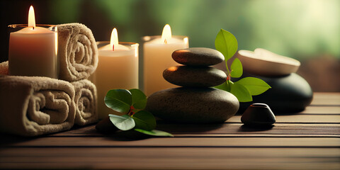 Balance and relaxation background, balancing pebbles with burning candles, Ai based