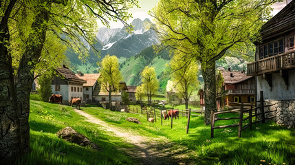 Fototapeta na wymiar Ländliches Dorf Haus Landschaft in den Alpen in der Schweiz Österreich Bayern Ruhe und Beschaulichkeit Generative AI Digital Art Wandbild Hintergrund Cover