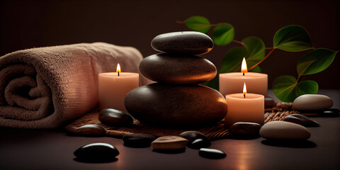 Balance and relaxation background, balancing pebbles with burning candles, Ai based