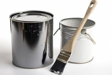 Closed, empty paint can with brush, set apart on white. Generative AI