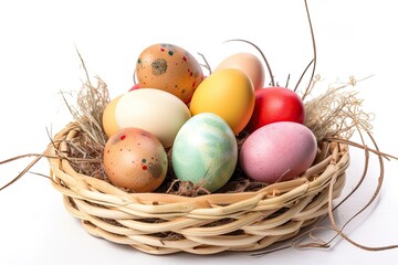 Obraz na płótnie Canvas Colored Eggs In Real Nest, Easter, Plain White Background