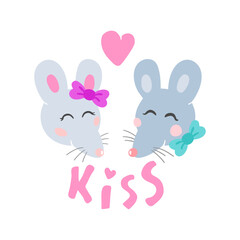 Solo print illustration with kissing mice and hand drawn lettering Kiss. Funny animals  for apparel, room decor, tee print design, poster and greeting card